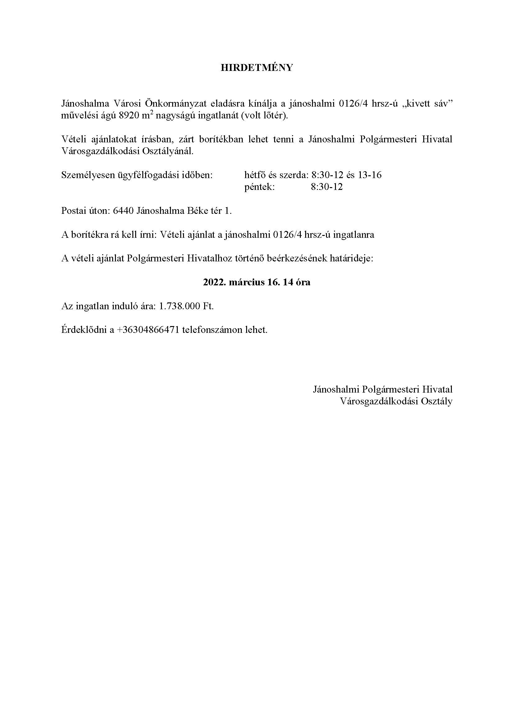 Hirdetmény - eladásra kínált ingatlan